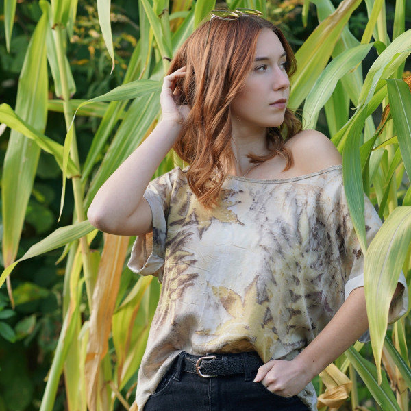 Silk blouse with natural ecoprint